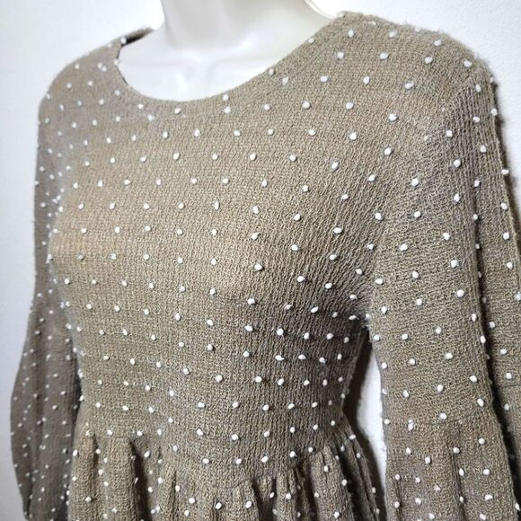 New In - "Mocha Swiss Dot" Puff Sleeved Polkadot Textured Textured Knit Dress - Picture 6 of 8